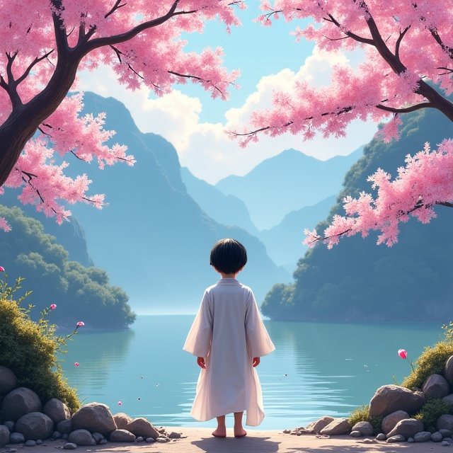 The cover features a tranquil scene of cherry blossom trees in full bloom, set against a backdrop of majestic mountains and flowing rivers. In the foreground, a young boy with black hair is seen from behind, wearing a flowing white robe that symbolizes purity and innocence.