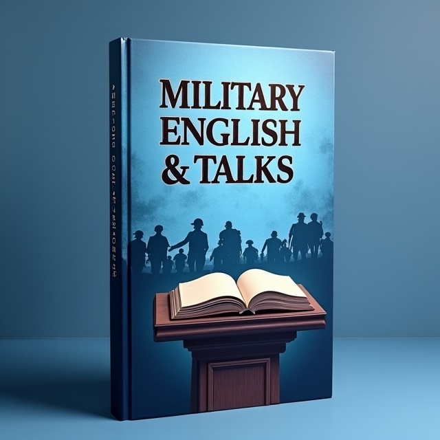 The cover features a blue background with a faded image of soldiers marching, symbolizing military history. In the center, there is a podium with an open book, representing speeches and talks. A subtle academic pattern is overlaid on the background to create texture.