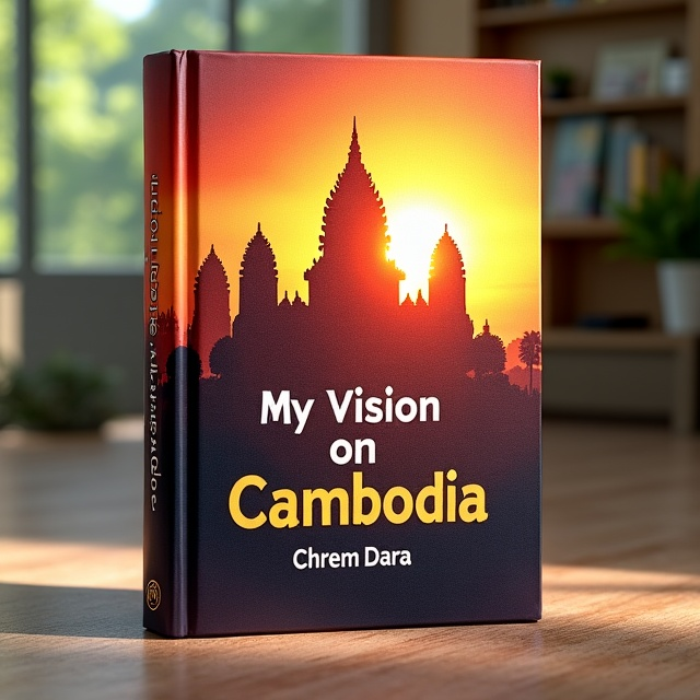 standing book mockup, Its title is "My Vision on Cambodia ". Its author name is Chrem Dara .  The cover features a stunning image of Angkor Wat, bathed in warm sunlight, with vibrant colors and intricate architectural details. The book title "My Vision on Cambodia" is displayed in a bold and elegant font, with the author's name "Chrem Dara" underneath in a clean and modern font., The image of Angkor Wat takes up the majority of the cover, with the book title and author name placed strategically at the bottom, allowing the image to be the main focal point.