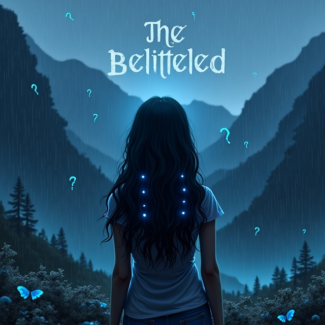 A dark, rainy mountain landscape with a gloomy ambiance. The back of a realistic girl is highlighted, facing the mountains. Her long wavy hair is visible, with two strands colored blue. Spirals, numbers, and question marks are scattered throughout the background. Strands of the girl's hair cascade down, gently illuminated by bioluminescent creatures.