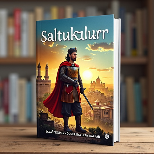 The cover features a central figure from the Saltuklu Principality, depicted in a heroic pose, holding a sword and wearing traditional Turkish armor. Behind the figure, there is a vibrant and detailed illustration of the city of Erzurum, showcasing its notable landmarks and architecture. The overall visual style is realistic and detailed, capturing the essence of history and patriotism.