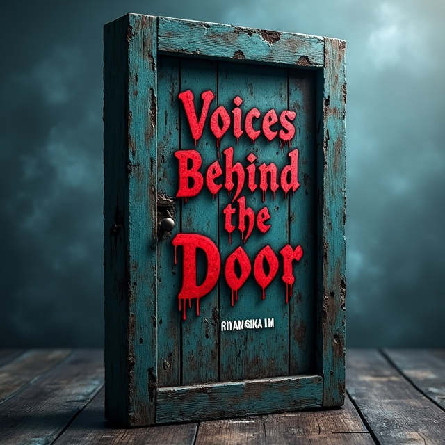 The cover features a haunting, decrepit wooden door with peeling paint and cracks. The door is surrounded by an eerie mist, creating a sense of mystery and foreboding. The title, "Voices Behind the Door," is written in a bold, blood-red font, appearing to ooze from the cracks in the door.