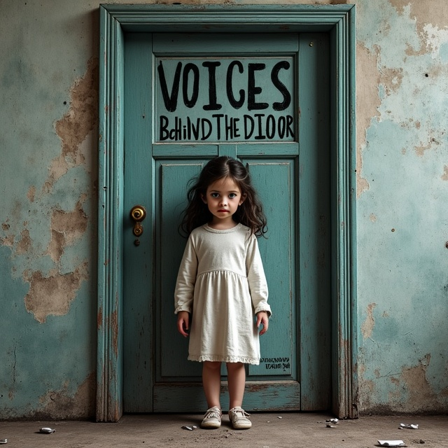 The cover features a close-up shot of a creepy, old wooden door with peeling paint. On the door, there is a small, tarnished brass doorknob. Standing in front of the door is a young girl with unkempt hair and an eerie expression on her face. The girl is dressed in a tattered white nightgown, adding to the overall unsettling atmosphere of the design.