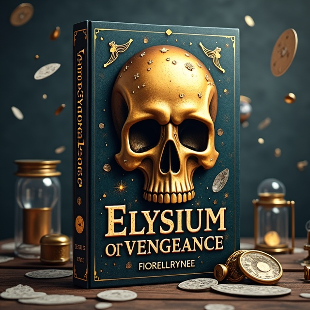 The cover features a central image of a large golden skull, symbolizing vengeance and the dark fantasy genre. Surrounding the skull are floating books, representing knowledge and the mystical elements of the story. Time elements such as hourglasses and clock hands are scattered throughout the composition, adding a sense of urgency and adventure.