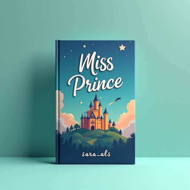A blank background with different shades of blue and green. A flat image of a castle centered on the cover, with a shooting star hovering above it. The title "Miss Prince" is placed on top of the castle, but not covering it.