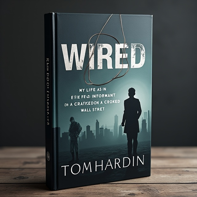 The cover features a dark, moody background with a gritty texture, creating a sense of tension and unease. In the center, there is a thin wire running across the cover, looping around the title "Wired" in a bold, modern font. The subtitle "My Life as an FBI Informant on a Crooked Wall Street" is positioned beneath the title in a clean, professional font. In the lower half of the cover, there is a shadowy silhouette of a figure in business attire, facing away to represent secrecy and moral ambiguity. A faded outline of the Wall Street skyline serves as a subtle background element. A small badge image is subtly incorporated, hinting at the FBI investigation.