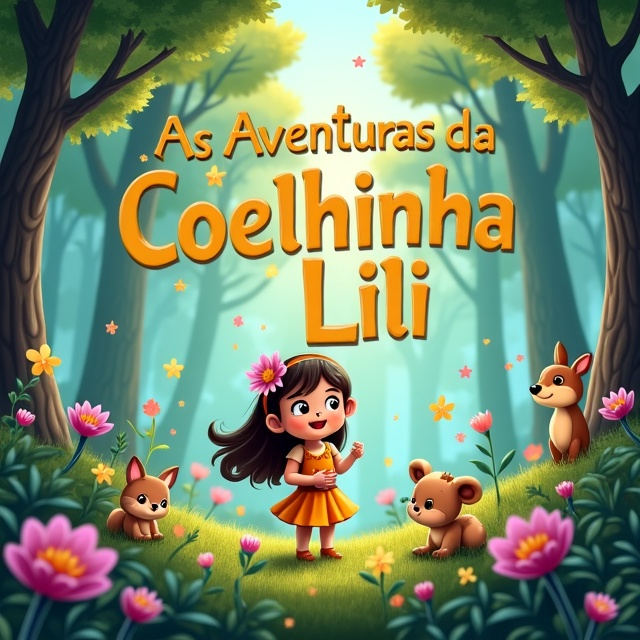 A beautiful and enchanting forest scene with soft and vibrant colors, depicting the magical world of the story. The foreground shows the adorable character of Coelhinha Lili, surrounded by other cute woodland creatures. The background is filled with lush trees, sparkling flowers, and a hint of fairy dust, creating a sense of wonder and tranquility.
