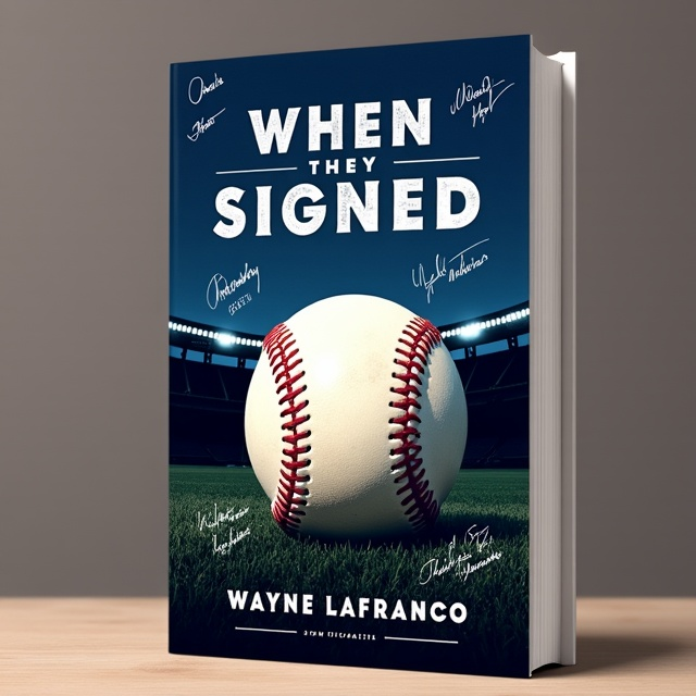 The cover features a close-up image of a baseball, with a dark blue background representing the night sky. Autographs from famous baseball players are scattered around the baseball, creating a nostalgic and sentimental atmosphere. A silhouette of a stadium is subtly incorporated in the background, adding depth and giving a sense of place.