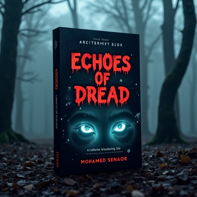 A dark and eerie forest with fog creeping through the trees. Amongst the mist, a pair of glowing eyes peering out, suggesting an unknown presence. The book title is displayed prominently at the top in bold, blood-red letters, with the author's name beneath it.