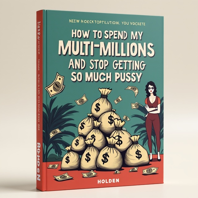 The central focus of the cover is a pile of money bags stacked on top of each other, symbolizing the multi-millions mentioned in the book title. Surrounding the money bags are images of women casually lounging and a gym scene, representing the desire to stop getting too much attention from the opposite sex and the importance of physical fitness.