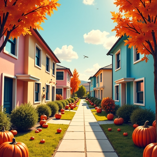 The cover features a beautiful neighborhood with pastel-colored houses. The houses are arranged in a row, with a clear path leading towards the center of the cover. In the distance, there is a cook-out taking place in someone's backyard, with neighbors gathered around, enjoying the warmth and happiness. The atmosphere is sunny and fall-like, with hints of Halloween decorations scattered throughout, adding a touch of eerie to the scene.