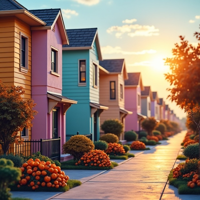 The cover features a picturesque neighborhood with rows of pastel-colored houses. The sun is shining brightly, casting a warm glow on the scene. The houses are adorned with subtle Halloween decorations, adding a touch of eeriness to the otherwise idyllic setting.