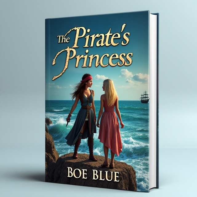 The cover features two women standing on the edge of a rocky cliff overlooking the sea. The woman on the left is dressed as a fierce pirate, with a bandana around her head and a sword at her side. The woman on the right has long blonde hair flowing in the wind, giving her a princess-like appearance. Behind them, the waves crash against the rocks, and a pirate ship can be seen in the distance.