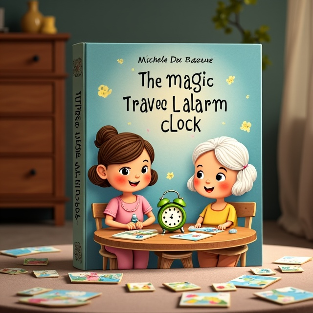 A young girl and her grandmother sitting at a table, engaged in doing puzzles. In the background, there is a dresser cabinet, and on the table, there is a green travel alarm clock that stands out.