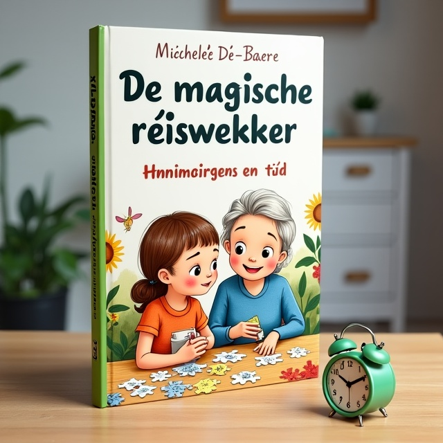 The cover features a fun illustration of a young girl sitting next to her grandmother at a table, engaged in solving puzzles. In the background, there is a dresser cabinet, and subtly standing out on the illustration is a green travel alarm clock.
