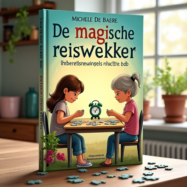 A fun and whimsical illustration of a teenage girl sitting at a table with her grandmother. They are engaged in doing puzzles together, with a dresser cabinet in the background. The green travel alarm clock is subtly placed on the table, drawing attention to its magical nature.