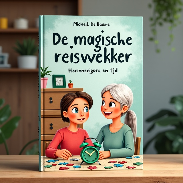 A fun illustration of a teenage girl sitting next to her grandmother at the table doing puzzles with a dresser cabinet in the background. A green travel alarm clock is subtly standing out on the illustration.