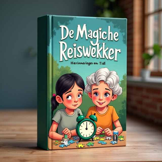 The cover features an illustration of a teenage girl and her grandmother sitting at a table, engrossed in solving puzzles together. The girl is depicted with an expression of innocence and joy, while the grandmother's face reflects wisdom and sadness. In the background, there is a dresser cabinet, symbolizing the passage of time. The green travel alarm clock on the table stands out, representing the magical element of the story.
