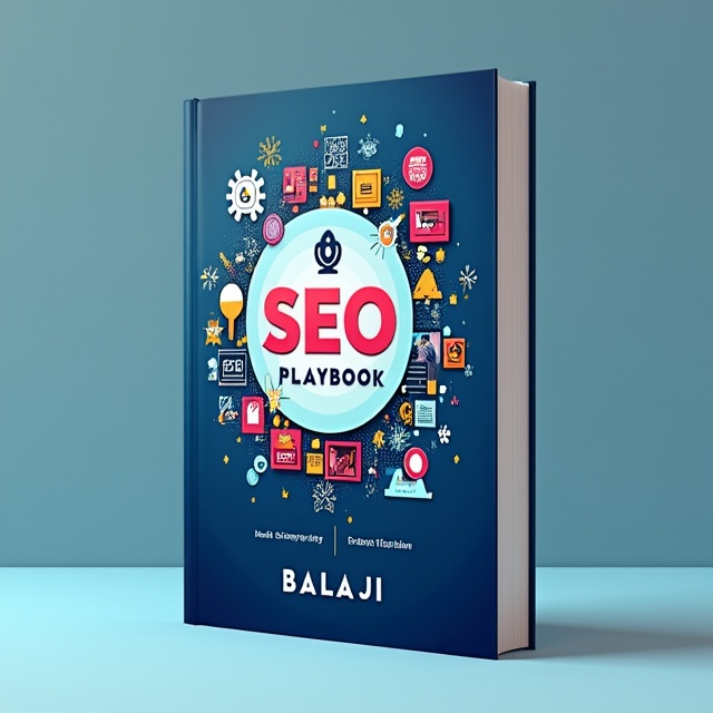 The cover features a round shape in the center, representing the idea of a playbook. Within the circle, there is a vibrant and eye-catching illustration showcasing various SEO elements such as keywords, rankings, and website optimization. The background color is a gradient from dark blue to light blue, symbolizing growth and progress in the field of SEO.