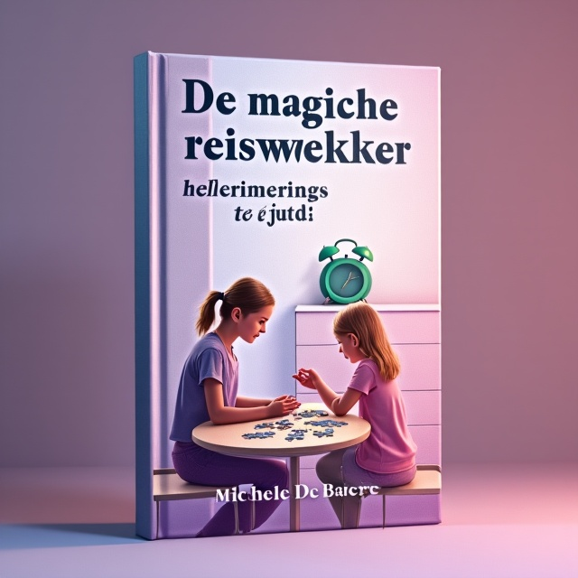 The cover features a soft and dreamy background with shades of purple, pink, and blue transitioning smoothly in gradients. In the center, there is a teenage girl sitting next to her grandmother at a table, engaged in doing puzzles together. In the background, there is a dresser cabinet with a green travel alarm clock subtly standing out. The overall composition feels balanced and minimalistic, with the focus on the central figures and the clock.