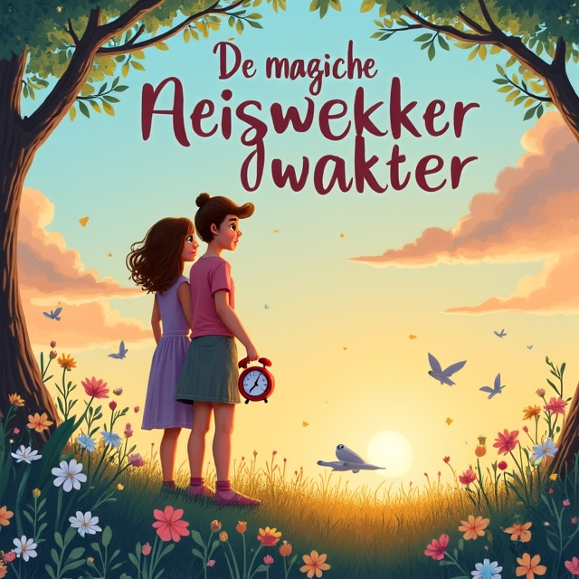 The cover depicts a fifteen-year-old girl and her grandmother standing side by side, looking out into the distance. The girl holds a magical travel alarm clock in her hand, while the grandmother gently touches her shoulder. The illustration style is soft and dreamy, with flowing lines and pastel colors. The background is a serene nature scene, with a gentle sunset glow and subtle symbolic elements like floating flowers and falling stars.