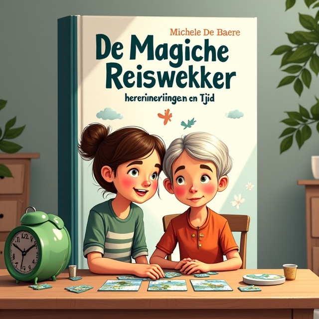 An illustration of a teenage girl sitting next to her grandmother at the table doing puzzles with a dresser cabinet in the background. A green travel alarm clock is subtly standing out on the illustration.