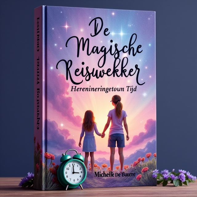 The cover features a soft color palette of purples, blues, and pinks. In the center, a fifteen-year-old girl is depicted standing closely with her grandmother, symbolizing their deep connection. They are surrounded by a vast, cosmic background with a magical atmosphere. A green travel clock is placed in the foreground, representing the element of time and adventure. Subtle glowing effects enhance the sense of magic and wonder.