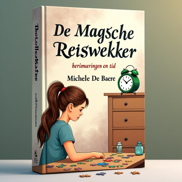 The cover features a soft, dreamy illustration style. It depicts a teenage girl with long brown hair in a ponytail sitting at a table with her grandmother. They are engaged in doing puzzles together. In the background, there is a tall dresser cabinet with a green travel alarm clock on top, subtly standing out. The overall tone evokes a sense of melancholy and connection, balanced with a feeling of hope.
