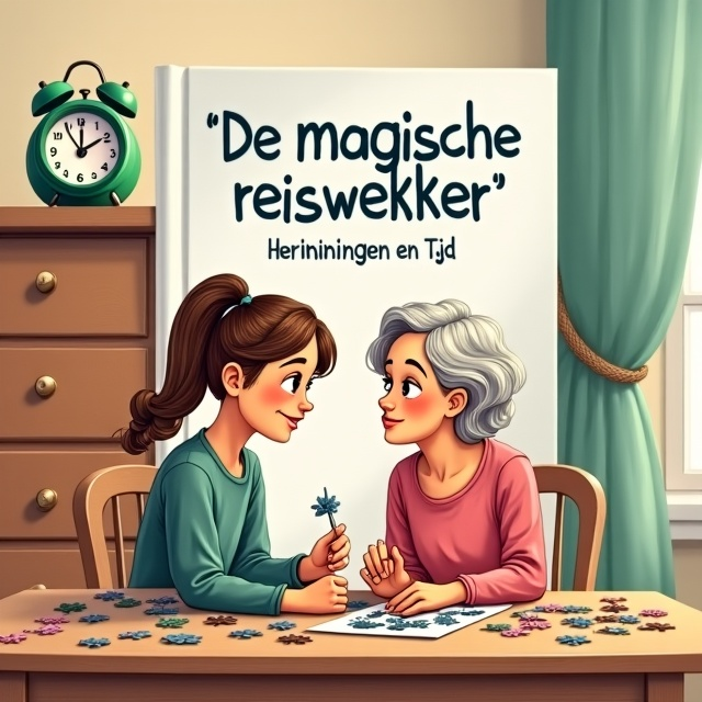 The cover features an illustration of a teenage girl with long brown hair in a ponytail, sitting next to her grandmother at a table. They are shown doing puzzles together. In the background, there is a tall dresser cabinet with a green travel alarm clock on top, which subtly stands out.