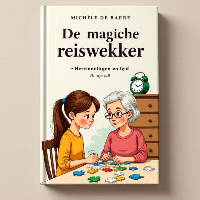 The cover features an illustration of a teenage girl with long brown hair in a ponytail, sitting next to her grandmother at a table. They are doing puzzles together, with a tall dresser cabinet in the background. On top of the cabinet, there is a green travel alarm clock that subtly stands out. The illustration is soft, dreamy, and slightly magical, evoking feelings of innocence, joy, and discovery.