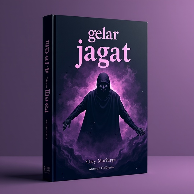 The cover features a central illustration of a traditional Javanese wayang character, portraying a sense of mystery and suspense. The character is surrounded by dark, swirling smoke, symbolizing the thrilling and suspenseful nature of the book. The color palette is predominantly black and purple, adding to the intense atmosphere.