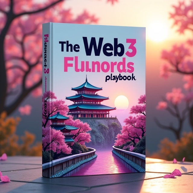 The cover features a cyberpunk style image of an edo castle in a Japanese city. The image is overlaid with technology elements, creating a futuristic and innovative atmosphere. The color scheme is predominantly white and pink, with Japanese patterns and imagery incorporated throughout. Artificial general intelligence technology elements are subtly weaved into the design, reflecting the cutting-edge ethos of the book's content. The title "The Web3 Founders Playbook" is prominently displayed in bold Griffer typeface or Helvetica, with subtle neon blue accents. The background showcases a peaceful outdoor scene with soft sunlight filtering through the trees.