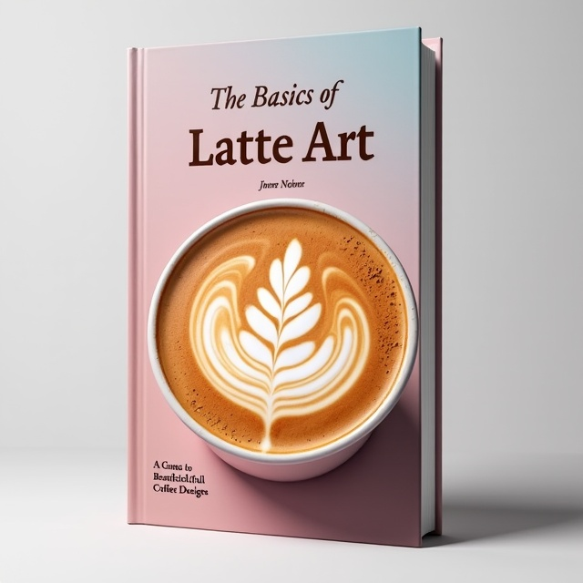 The cover features a close-up image of a perfectly crafted latte art design, showcasing the intricate details and vibrant colors. The background is a soft gradient of pastel tones, creating a calming and inviting atmosphere.