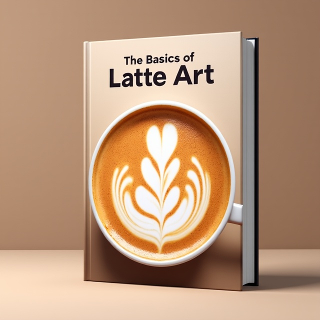 The cover features a close-up image of a beautifully crafted latte art design, with rich foam and intricate patterns. The image is centered, taking up the majority of the cover, with a gradient background transitioning from a warm coffee brown to a creamy white.