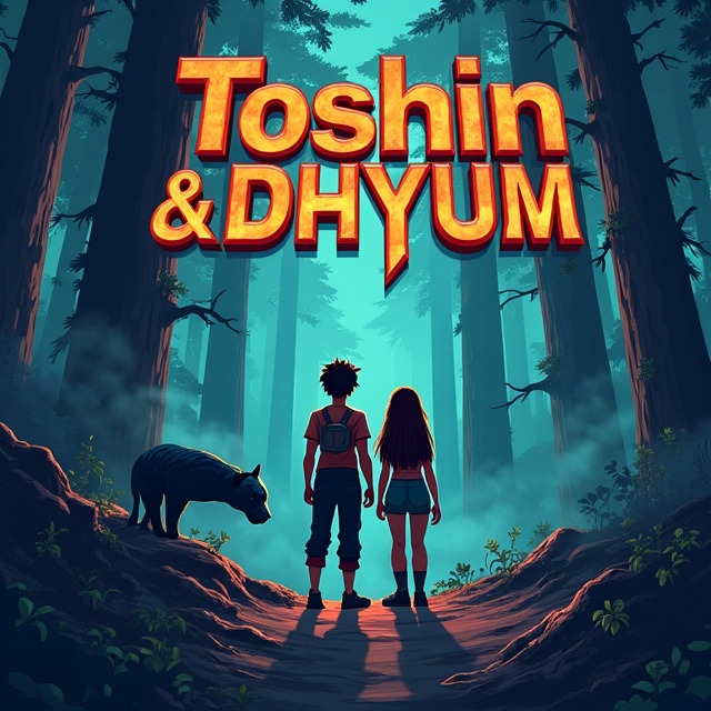 The cover features a dark forest as the background, with mist swirling around the trees. In the foreground, two young warriors stand side by side, holding their weapons and looking determined. Behind them, a black leopard lurks, adding an element of danger. A human giant stands taller than the trees, representing the formidable opponent they face. The overall style is vibrant and dynamic, with bright colors to grab attention.