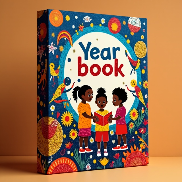 The cover prominently features vibrant Aboriginal art, with bold colors and intricate patterns. In the center, there is a stylized illustration of a group of children playing and holding a book, representing the theme of the Year book. Surrounding them are various symbols and elements from Aboriginal culture, such as boomerangs and dot paintings.
