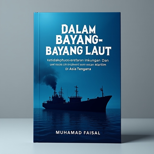 The cover features a deep blue background that represents the vastness of the sea. In the foreground, there is a shadowy silhouette of a ship, symbolizing the maritime theme of the book. To further highlight the theme of disobedience to environmental regulations and security risks, the ship is depicted emitting smoke and surrounded by polluted water.