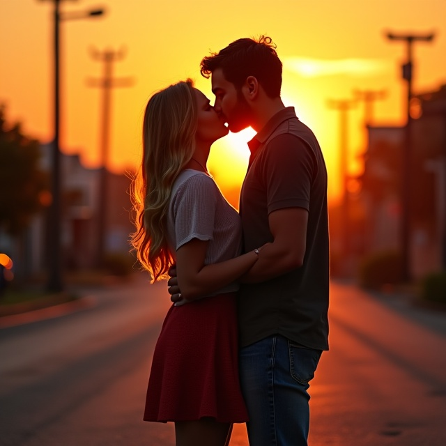 A close-up shot of a blonde girl and a tall brown-haired guy passionately kissing in the middle of a deserted street at the end of a beautiful sunset.