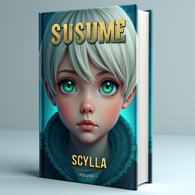 The cover features a close-up of the boy's face, with platinum blonde hair falling over his forehead and greenish blue eyes looking directly at the viewer. The background is a mix of platinum blue and white, giving a sense of mystery and fantasy. The title "Susume" is placed at the top in platinum gold, with a subtle texture to add depth. The author name, "_Scylla_", is placed at the bottom in a clean and modern font.