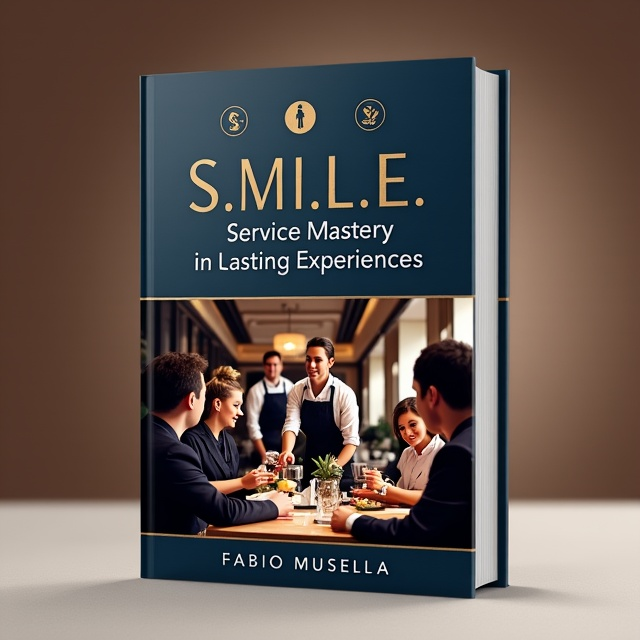 The cover features an elegant restaurant scene as the main focal point, with a service team warmly interacting with customers. Stylized icons representing the five key aspects of the S.M.I.L.E. philosophy are incorporated, one for each letter of the title. The background is a refined color palette of navy blue, gold, and white, conveying professionalism and luxury.