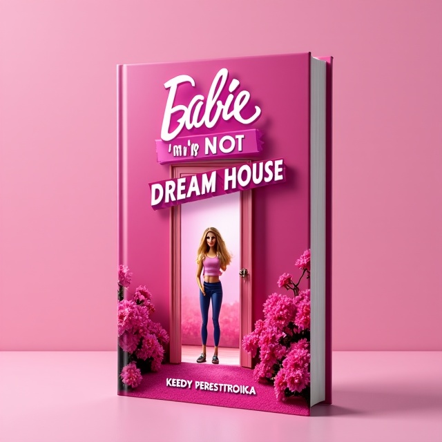 The cover features a vibrant pink background with a glossy finish. In the center, a realistic representation of Barbie is shown, stepping out of her dream house and into the real world. The image captures the moment of her coming of age and embarking on a journey of self-discovery.