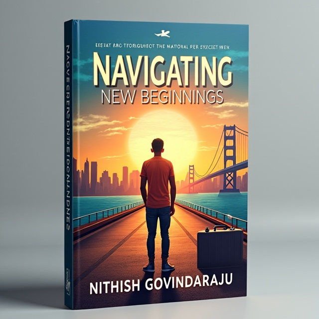 Aryan standing at the edge of a road, one side reflecting his homeland with cultural symbols subtly woven into the background, and the other side showcasing an American cityscape. A suitcase is placed beside Aryan, and a bridge symbolizing the transition between two worlds stretches across the cover.