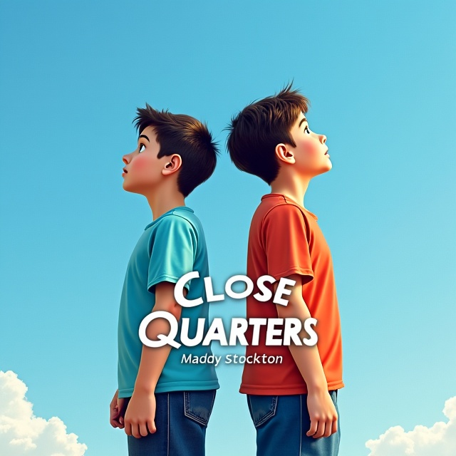 The cover features two boys standing back to back, representing the close friendship between the main characters. The taller boy with black hair and blue eyes is positioned on the left side, while the shorter boy with brown hair and green eyes is positioned on the right side. They are both looking upward, symbolizing the theme of reaching for the sky. The background is a vibrant blue, representing the air and freedom.