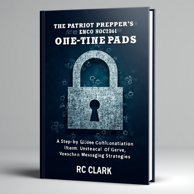 standing book mockup, Its title is "The Patriot Prepper's Handbook to One-Time Pads:  Mastering Secure Communication When It Matters Most" A Step-by-Step Guide to Untraceable, Secure Messaging Strategies". Its author name is RC Clark.  The cover features a background of dark blues and grays, representing security and professionalism. In the center, there is a large lock symbol made up of binary code, representing encryption and secure communication. Overlapping the lock symbol, there is a series of one-time pads, symbolizing the book's focus on mastering secure messaging strategies. The title is placed at the top, in bold white font, with the author's name at the bottom in a smaller, more subdued font. The title is written in a bold sans-serif font that conveys a sense of urgency and importance. The author's name is written in a more elegant serif font, contrasting with the title., The title is placed at the top of the cover, spanning the entire width, with the lock symbol and one-time pads centered below. The author's name is positioned at the bottom, aligned with the left side.