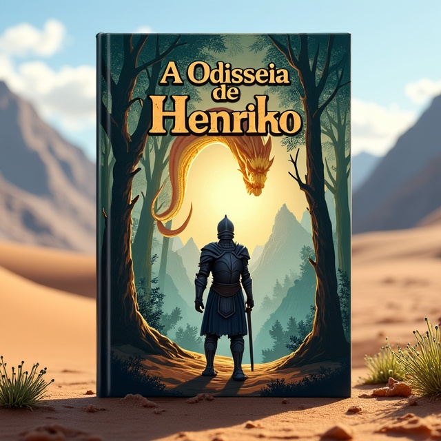 The cover features a knight standing proudly in the center, holding a sword upright. On the left side of the knight, there are vast sand dunes that create a sense of desert adventure. On the right side, there are dense forests that represent mystery and enchantment. Above the knight, a golden dragon is depicted, symbolizing power and magic. In the background, majestic mountains rise, adding depth and grandeur to the scene.