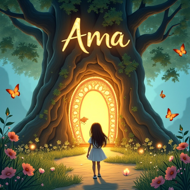 Ama, a young girl, is standing slightly off-center in the foreground. She is wearing a white dress and her long, brown hair frames her face. A glowing, intricately carved door is embedded in an ancient oak tree in the background, with a winding path leading towards it. Butterflies flutter around Ama, and a playful Oran peeks out from behind the tree trunk. Luminescent flowers bloom at Ama's feet, and sunlight filters through the oak's leaves, creating a dappled effect.