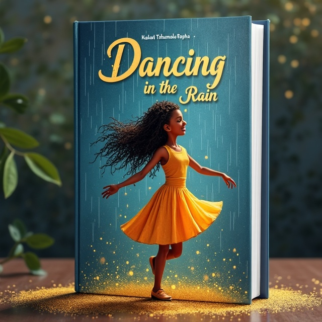 The cover features a light-skinned girl with long curly hair dancing joyfully in the rain. The raindrops are depicted as golden sparkles, adding a touch of magic to the scene. The overall composition exudes happiness and satisfaction.