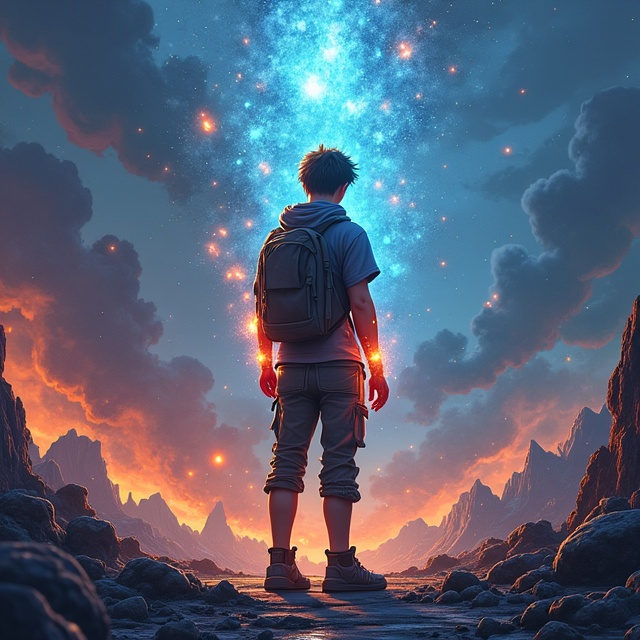 The cover features Toyoda, the determined 17-year-old boy, standing in the center. He is shown with a glowing bracelet on his wrist crackling with vibrant energy. In one hand, he holds a small flame, symbolizing his control over immense power. His tattered clothes reflect the battles he has endured. The backdrop showcases the explosion that destroyed civilization, fading into the remnants of collapsed buildings and desolate landscapes. On the left, the mystical elf village Elyria glows with small lights, while on the right, the shadowy figure of a three-headed dragon guards a cave. Mirages of Toyoda's wives, Christina and Ari, are seen behind him, each representing different aspects of his life. The color palette ranges from dark tones of destruction to vibrant blues and golds around Toyoda, reflecting his inner power and hope. The title is in bold futuristic font with an ethereal glow.