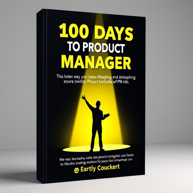 The cover features a bold black background with a yellow spotlight highlighting the title "100 Days to Product Manager". A silhouette of a person holding a diploma is placed in the center, representing the achievement of landing a PM role. The background also includes abstract geometric shapes, symbolizing the key areas and strategies covered in the book.