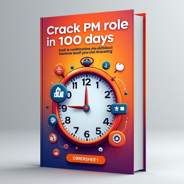 The cover features a bold and vibrant background with a gradient of motivational colors, transitioning from warm to cool tones. In the center, there is a large, stylized clock face, symbolizing the 100-day journey to crack the PM role. Surrounding the clock, there are various professional icons and symbols representing different aspects of project management. These elements are arranged in a dynamic and visually appealing manner, creating a sense of movement and progress.